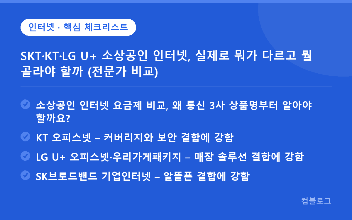 SKT·KT·LG U+ 소상공인 인터넷, 실제로 뭐가 다르고 뭘 골라야 할까 (전문가 비교) 핵심 요약